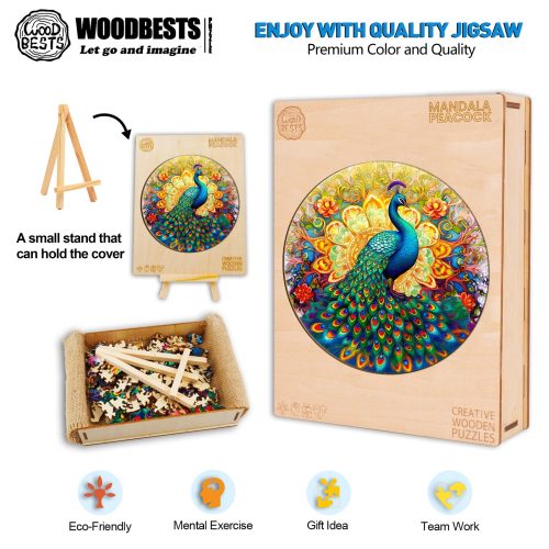 Mandala Peacock Wooden Jigsaw Puzzle-Woodbests