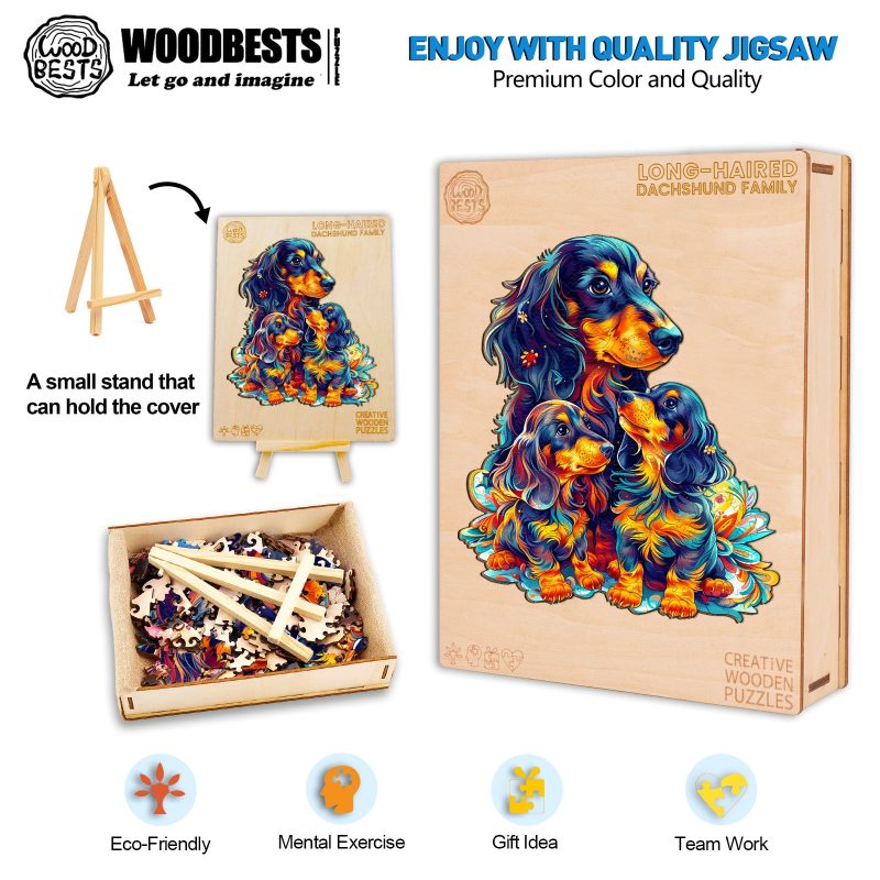 Long-Haired Dachshund Family Wooden Jigsaw Puzzle-Woodbests