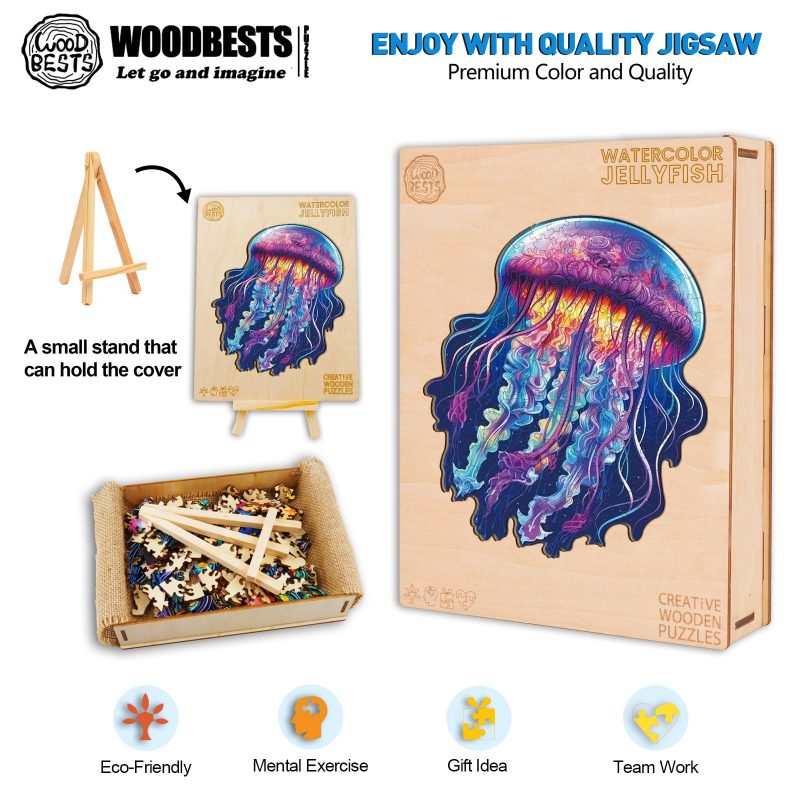 Watercolor Jellyfish Wooden Jigsaw Puzzle-Woodbests