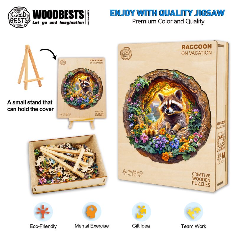 3D Raccoon on Vacation Wooden Jigsaw Puzzle - Woodbests