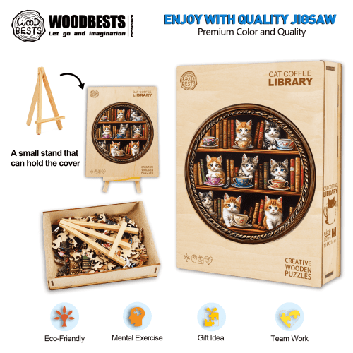 Cat Coffee Library Wooden Jigsaw Puzzle - Woodbests