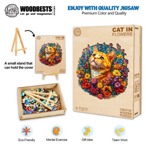 Cat in Flowers Wooden Jigsaw Puzzle - Woodbests