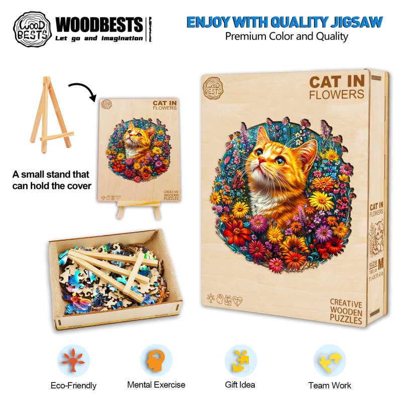 Cat in Flowers Wooden Jigsaw Puzzle - Woodbests