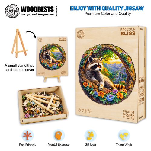 3D Raccoon Bliss Wooden Jigsaw Puzzle - Woodbests