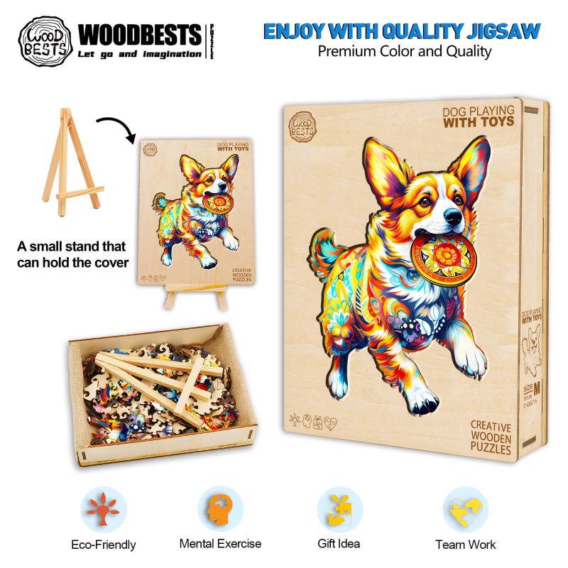 Dog Playing with Toys Wooden Jigsaw Puzzle