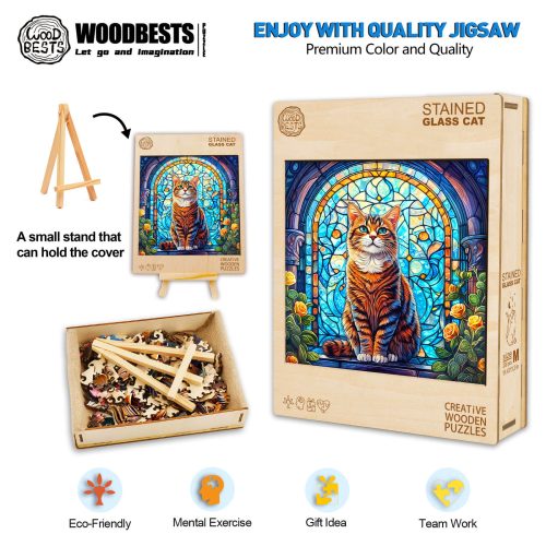 Stained Glass Cat Wooden Jigsaw Puzzle - Woodbests