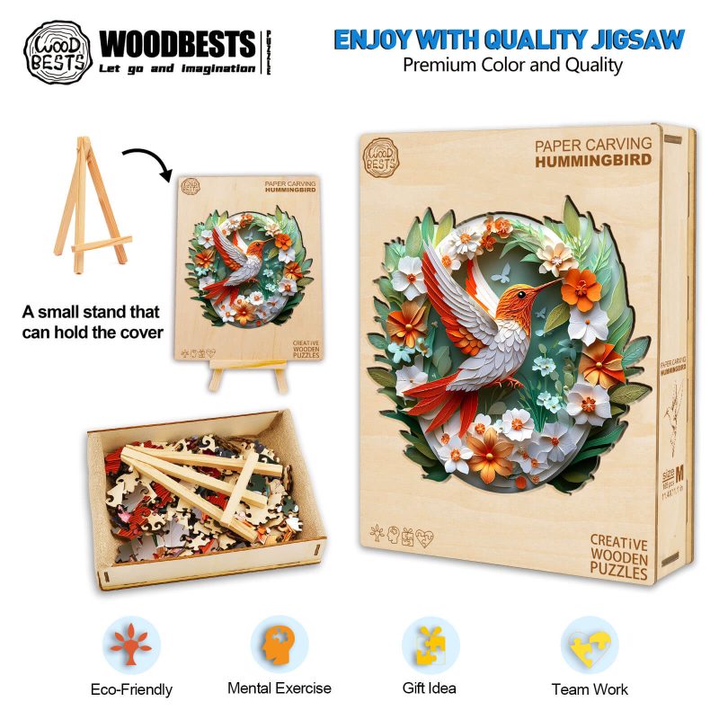 3D Colored Paper Carving Hummingbird Wooden Jigsaw Puzzle - By Woodbests