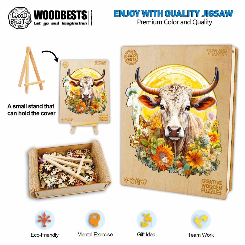 Cow and Flower Wooden Jigsaw Puzzle-Woodbests