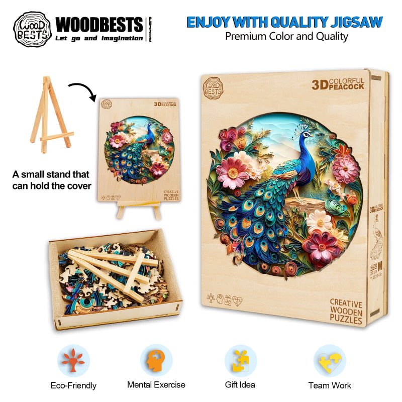 3D Colorful Peacock Wooden Jigsaw Puzzle - By Woodbests