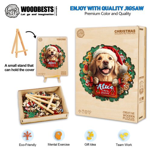 Christmas Golden Retriever Custom Name Wooden Jigsaw Puzzle - By Woodbests