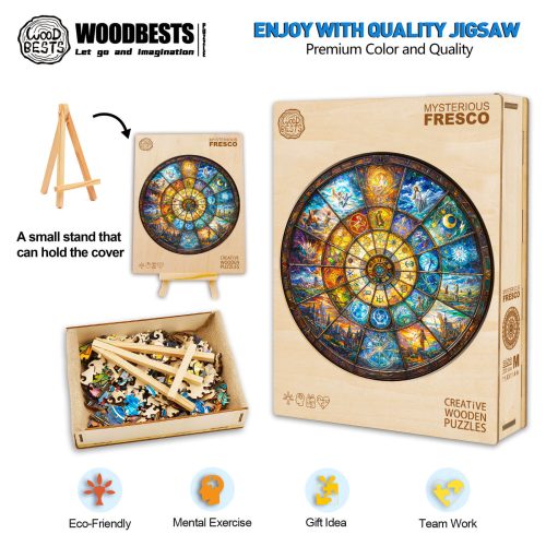 Mysterious Fresco puzzle with stand and packaging details