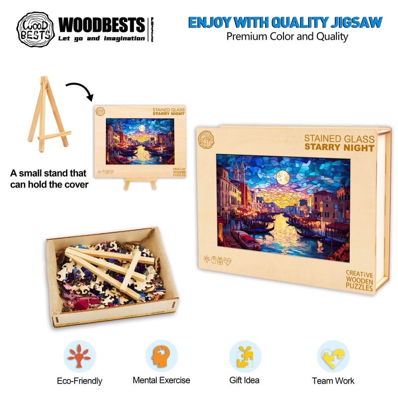 Stained Glass Starry Night Wooden Jigsaw Puzzle - Woodbests