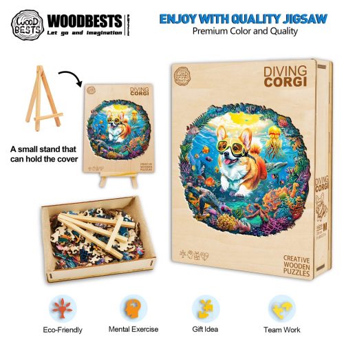 Diving Corgi Wooden Jigsaw Puzzle - Woodbests