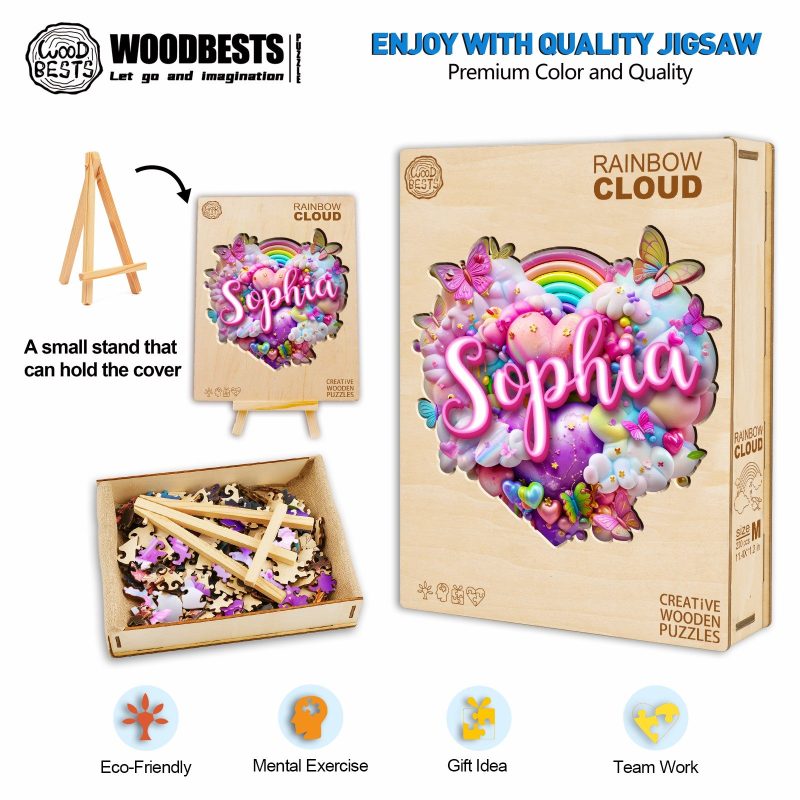 Rainbow Cloud Custom Name Wooden Jigsaw Puzzle - Woodbests