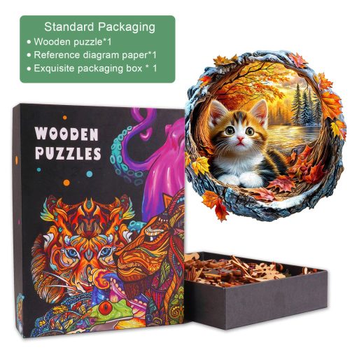 3D Kitten in Autumn Wooden Jigsaw Puzzle - Woodbests