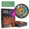 Wooden puzzle with colorful box and packaging contents