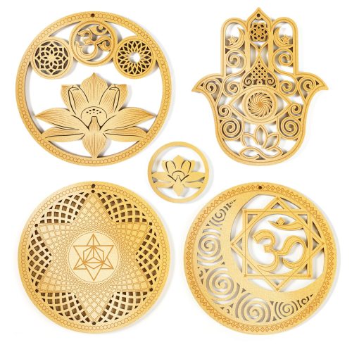 5.31 Sacred Geometry Wall Art Decor 4 PCS Set (Sacred Lotus, Hamsa Hand, Soul Star, Union Sun Moon)-Woodbests