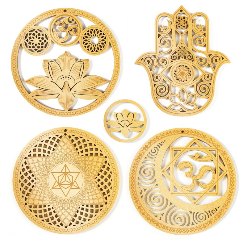 5.31 Sacred Geometry Wall Art Decor 4 PCS Set (Sacred Lotus, Hamsa Hand, Soul Star, Union Sun Moon)-Woodbests