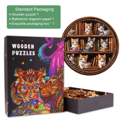 Cat Coffee Library Wooden Jigsaw Puzzle - Woodbests